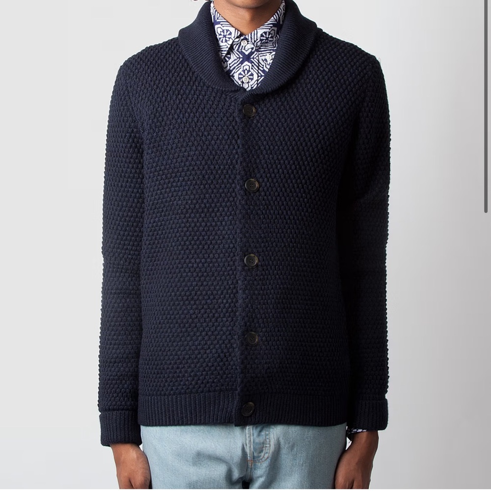 A.P.C. Heather Navy Blue Shawl Collar Cardigan Buttons Size XL Men’s